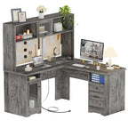 L-Shaped Executive Computer Desk with Top Hutch and Charging Station