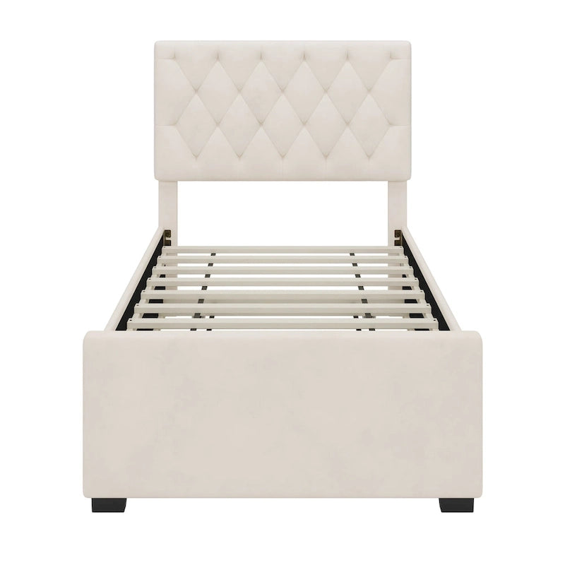 Twin Size Upholstered Platform Bed with Trundle and Adjustable Headboard Wingback Bed No Box Spring Needed Wood Slat Support Bed