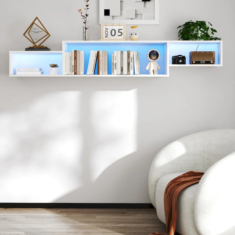 Modern Wall-Mounted Floating TV Stand with 3-Tier Shelves and 20-Color LED Lighting