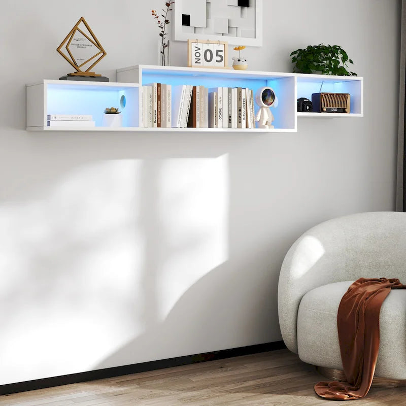 Modern Wall-Mounted Floating TV Stand with 3-Tier Shelves and 20-Color LED Lighting