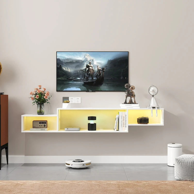 Modern Wall-Mounted Floating TV Stand with 3-Tier Shelves and 20-Color LED Lighting