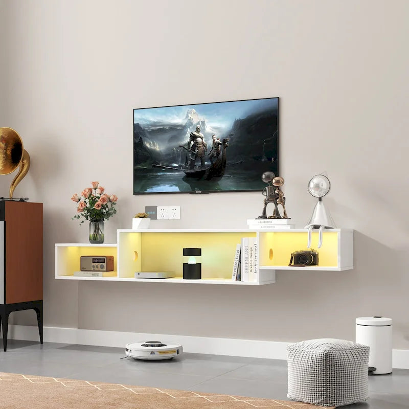 Modern Wall-Mounted Floating TV Stand with 3-Tier Shelves and 20-Color LED Lighting