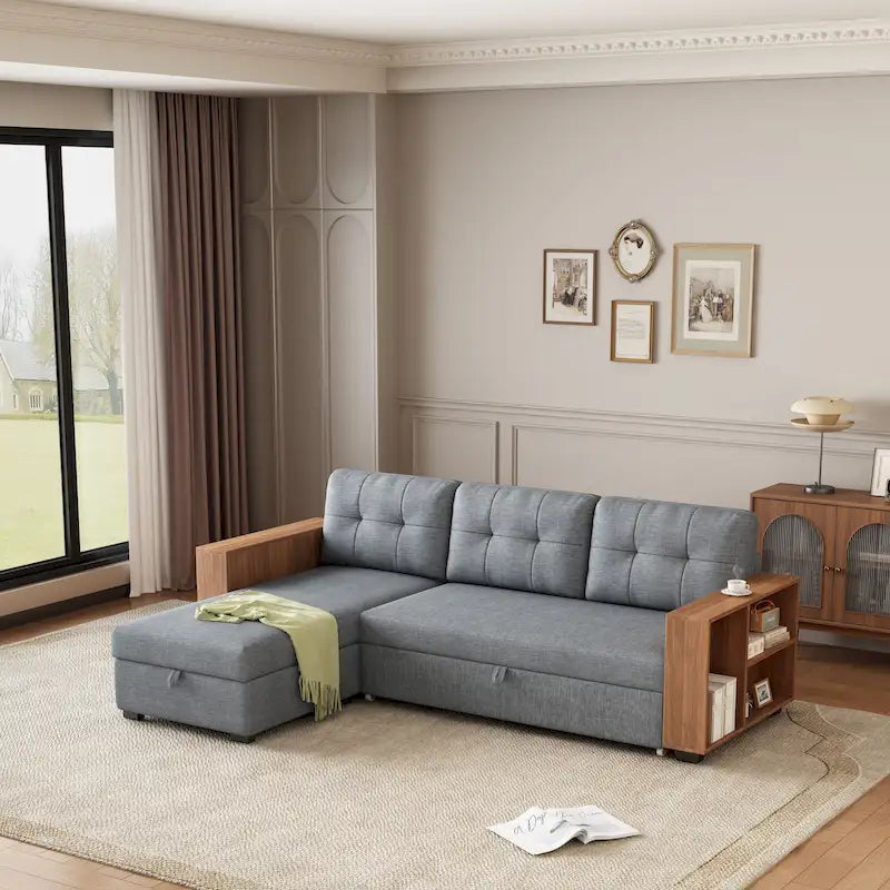 Grey 84-Inch Convertible Corner Sectional Sofa with Storage Chaise and Pull-Out Sleeper