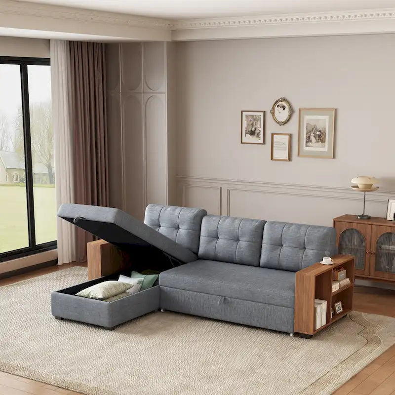 Grey 84-Inch Convertible Corner Sectional Sofa with Storage Chaise and Pull-Out Sleeper