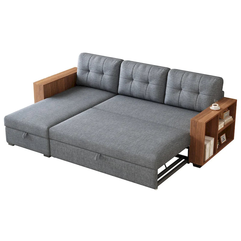 Grey 84-Inch Convertible Corner Sectional Sofa with Storage Chaise and Pull-Out Sleeper
