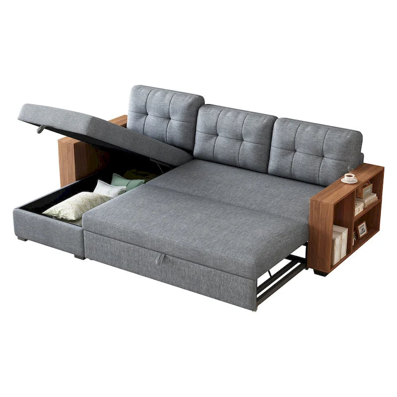 Grey 84-Inch Convertible Corner Sectional Sofa with Storage Chaise and Pull-Out Sleeper