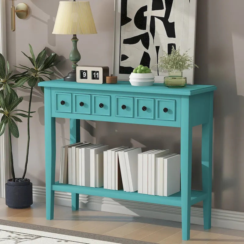 38.2-Inch Rustic Console Table with Open Shelf, 3 Drawers, and Rubber Wood Legs