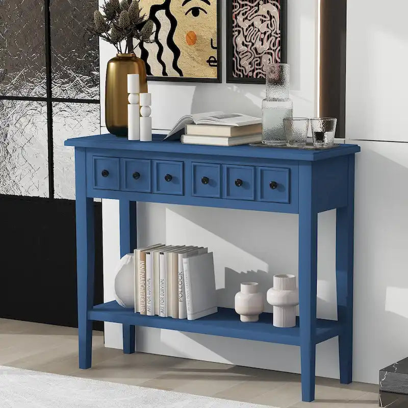 38.2-Inch Rustic Console Table with Open Shelf, 3 Drawers, and Rubber Wood Legs