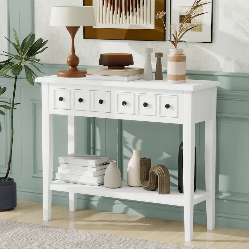 38.2-Inch Rustic Console Table with Open Shelf, 3 Drawers, and Rubber Wood Legs