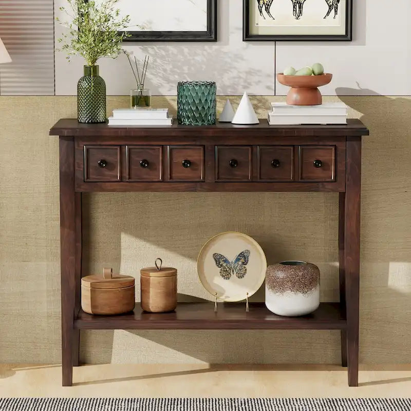38.2-Inch Rustic Console Table with Open Shelf, 3 Drawers, and Rubber Wood Legs