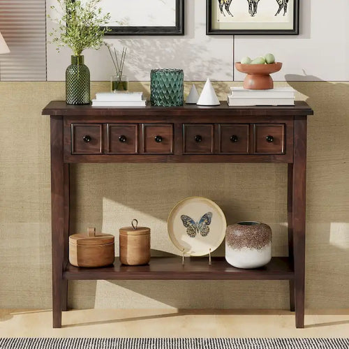 38.2-Inch Rustic Console Table with Open Shelf, 3 Drawers, and Rubber Wood Legs