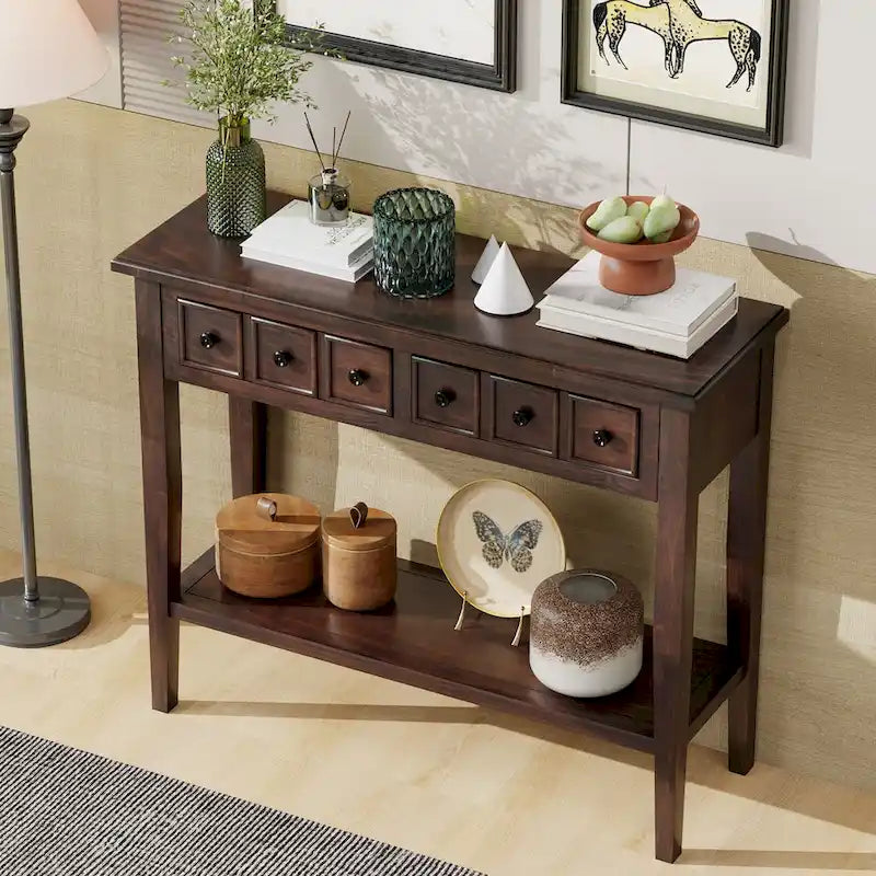 38.2-Inch Rustic Console Table with Open Shelf, 3 Drawers, and Rubber Wood Legs