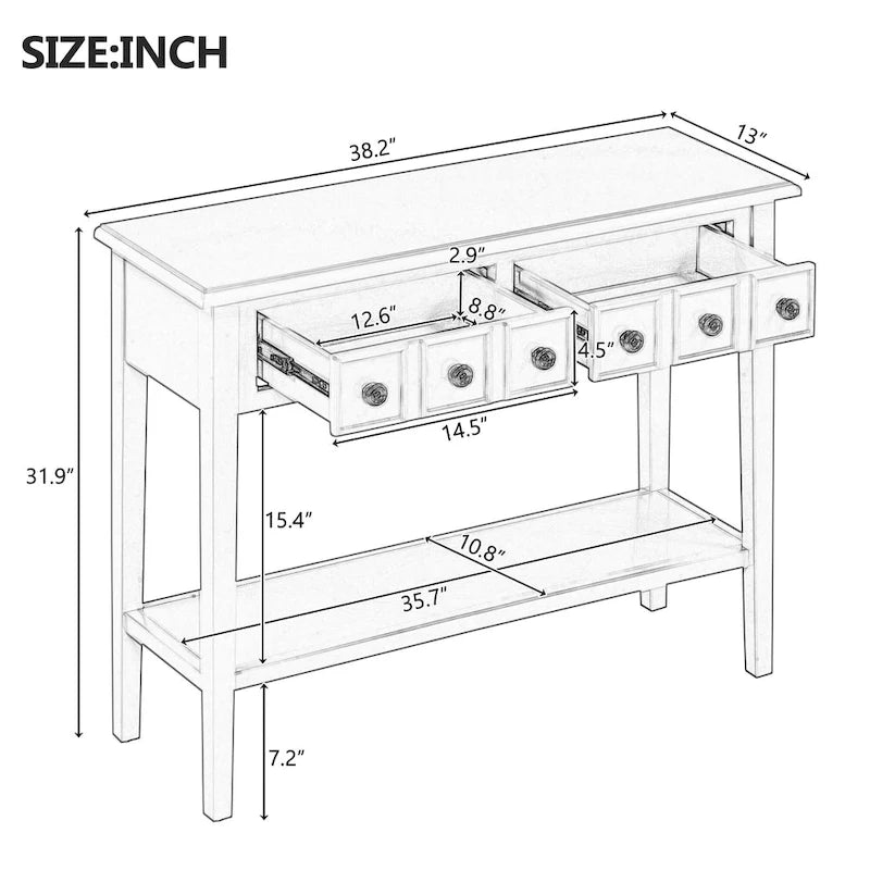 38.2-Inch Rustic Console Table with Open Shelf, 3 Drawers, and Rubber Wood Legs