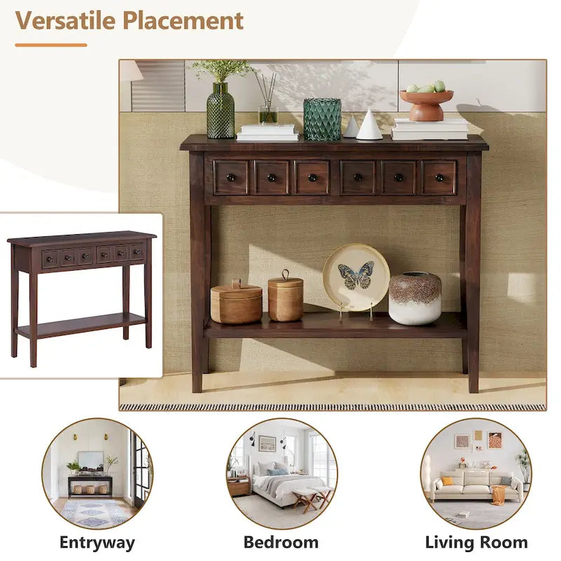 38.2-Inch Rustic Console Table with Open Shelf, 3 Drawers, and Rubber Wood Legs