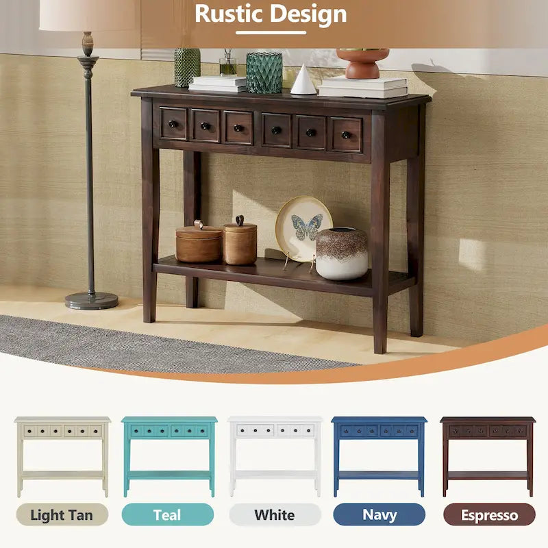 38.2-Inch Rustic Console Table with Open Shelf, 3 Drawers, and Rubber Wood Legs