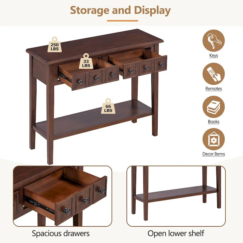 38.2-Inch Rustic Console Table with Open Shelf, 3 Drawers, and Rubber Wood Legs