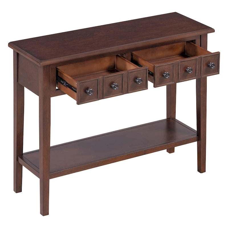 38.2-Inch Rustic Console Table with Open Shelf, 3 Drawers, and Rubber Wood Legs