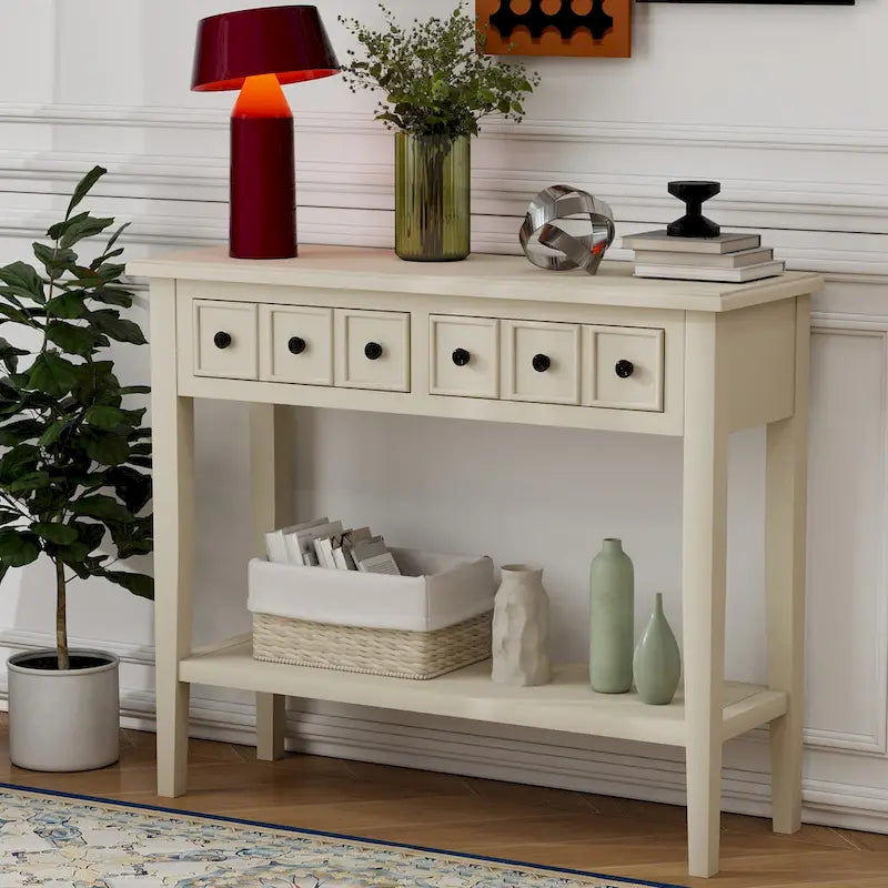 38.2-Inch Rustic Console Table with Open Shelf, 3 Drawers, and Rubber Wood Legs