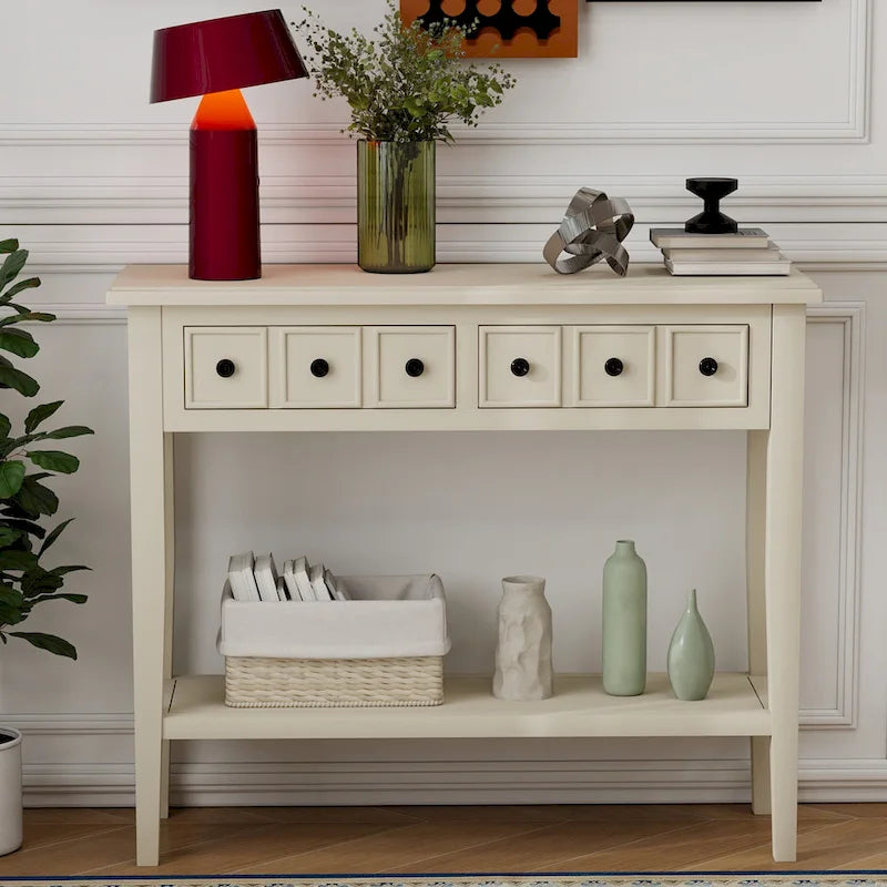 38.2-Inch Rustic Console Table with Open Shelf, 3 Drawers, and Rubber Wood Legs