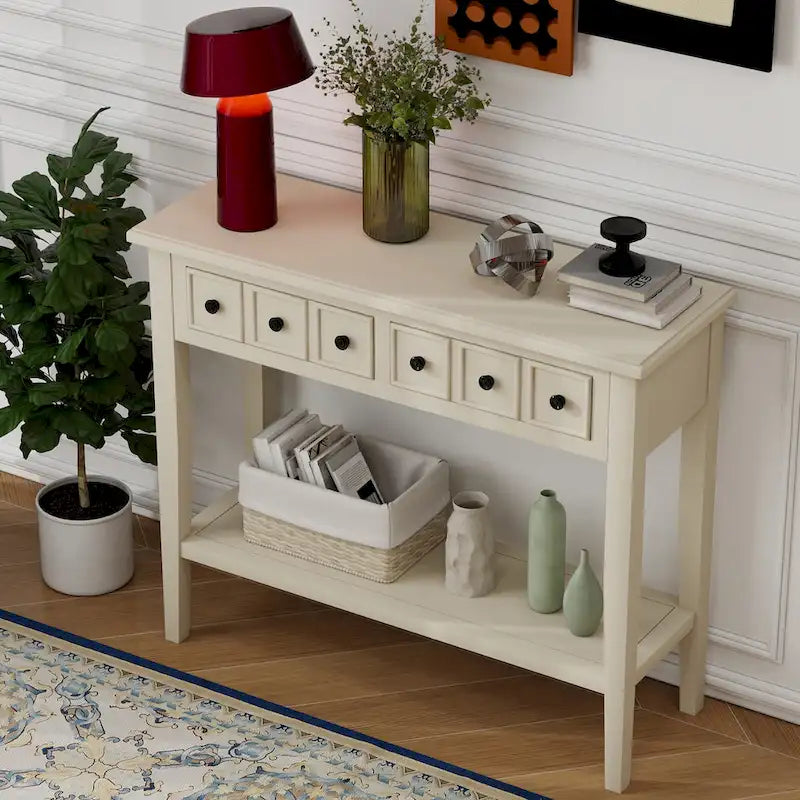 38.2-Inch Rustic Console Table with Open Shelf, 3 Drawers, and Rubber Wood Legs