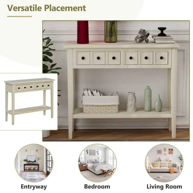 38.2-Inch Rustic Console Table with Open Shelf, 3 Drawers, and Rubber Wood Legs