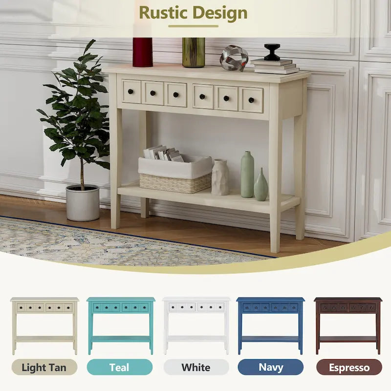 38.2-Inch Rustic Console Table with Open Shelf, 3 Drawers, and Rubber Wood Legs
