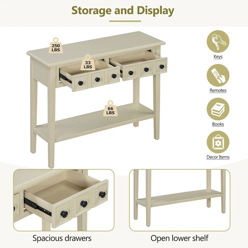 38.2-Inch Rustic Console Table with Open Shelf, 3 Drawers, and Rubber Wood Legs
