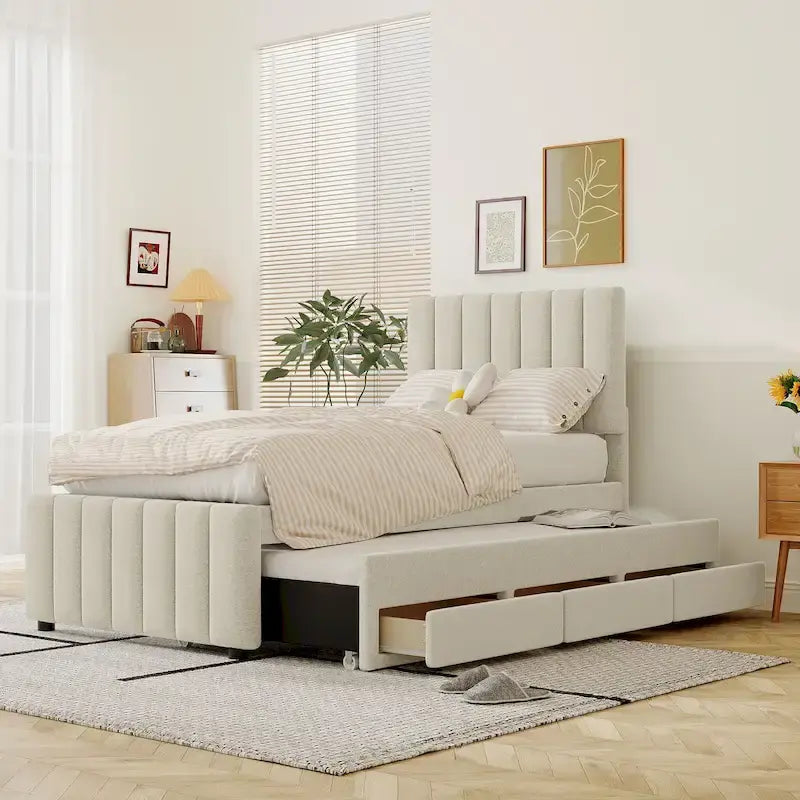 Twin Size Linen Upholstered Platform Bed Frame with Trundle and 3 Drawers