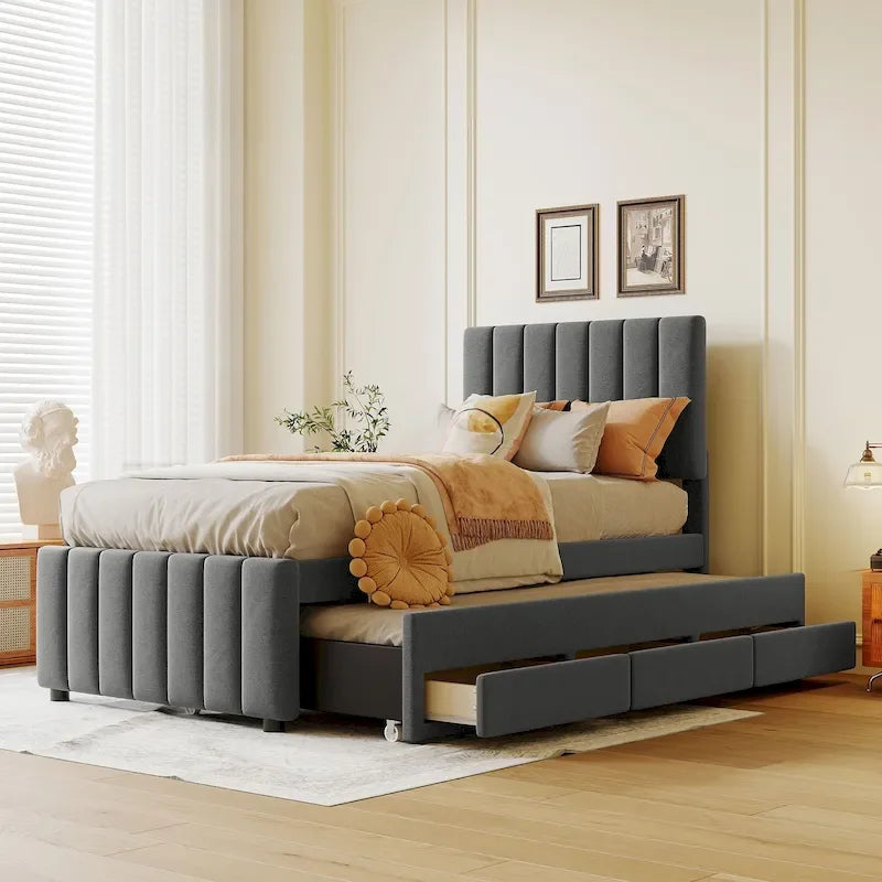 Twin Size Linen Upholstered Platform Bed Frame with Trundle and 3 Drawers