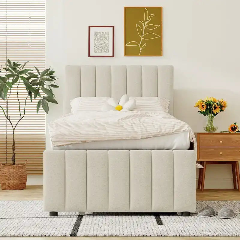 Twin Size Linen Upholstered Platform Bed Frame with Trundle and 3 Drawers