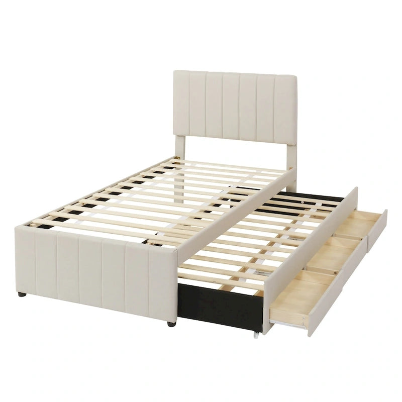 Twin Size Linen Upholstered Platform Bed Frame with Trundle and 3 Drawers