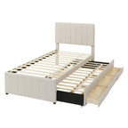 Twin Size Linen Upholstered Platform Bed Frame with Trundle and 3 Drawers