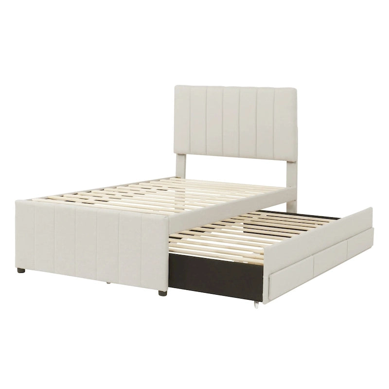 Twin Size Linen Upholstered Platform Bed Frame with Trundle and 3 Drawers