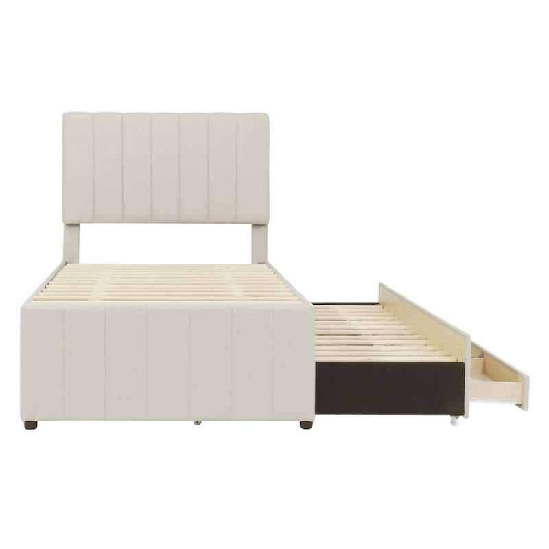 Twin Size Linen Upholstered Platform Bed Frame with Trundle and 3 Drawers