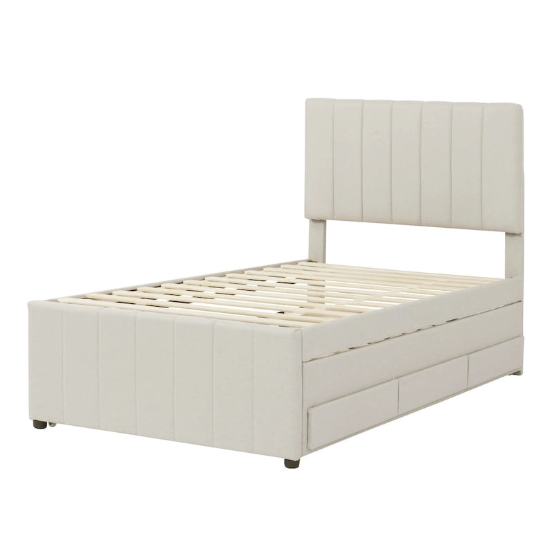 Twin Size Linen Upholstered Platform Bed Frame with Trundle and 3 Drawers