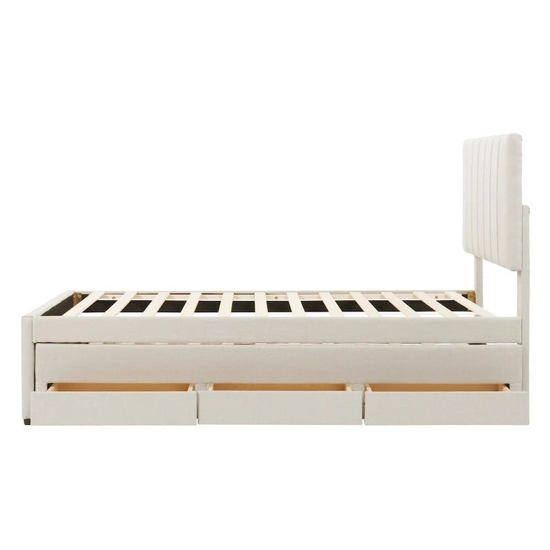 Twin Size Linen Upholstered Platform Bed Frame with Trundle and 3 Drawers