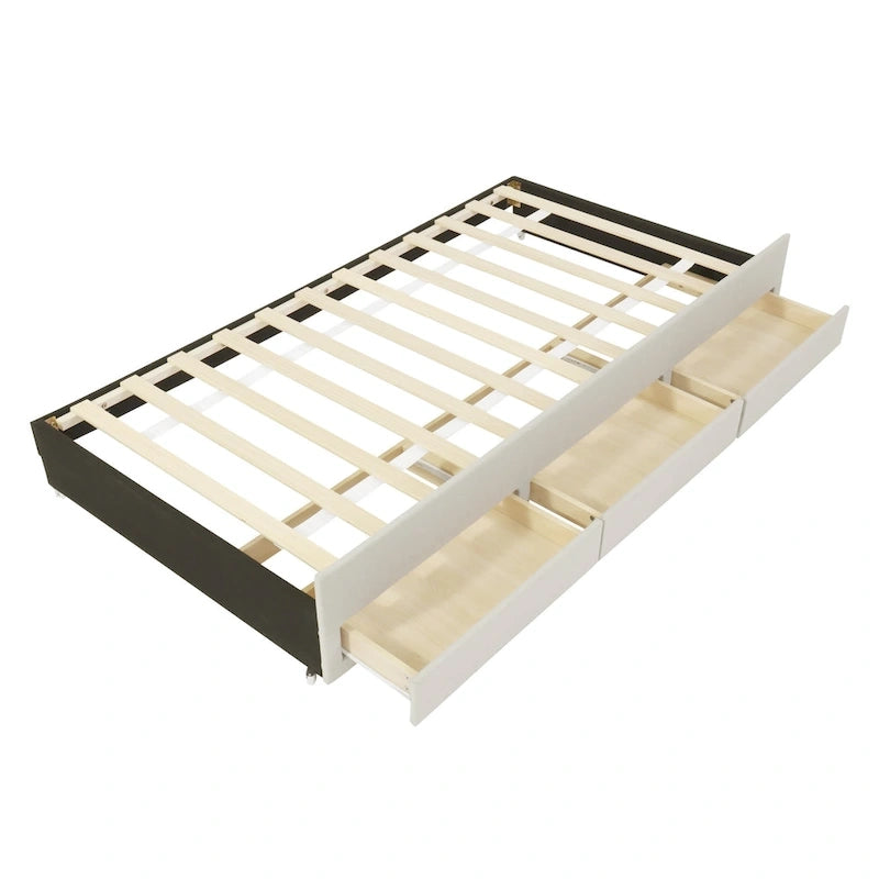 Twin Size Linen Upholstered Platform Bed Frame with Trundle and 3 Drawers