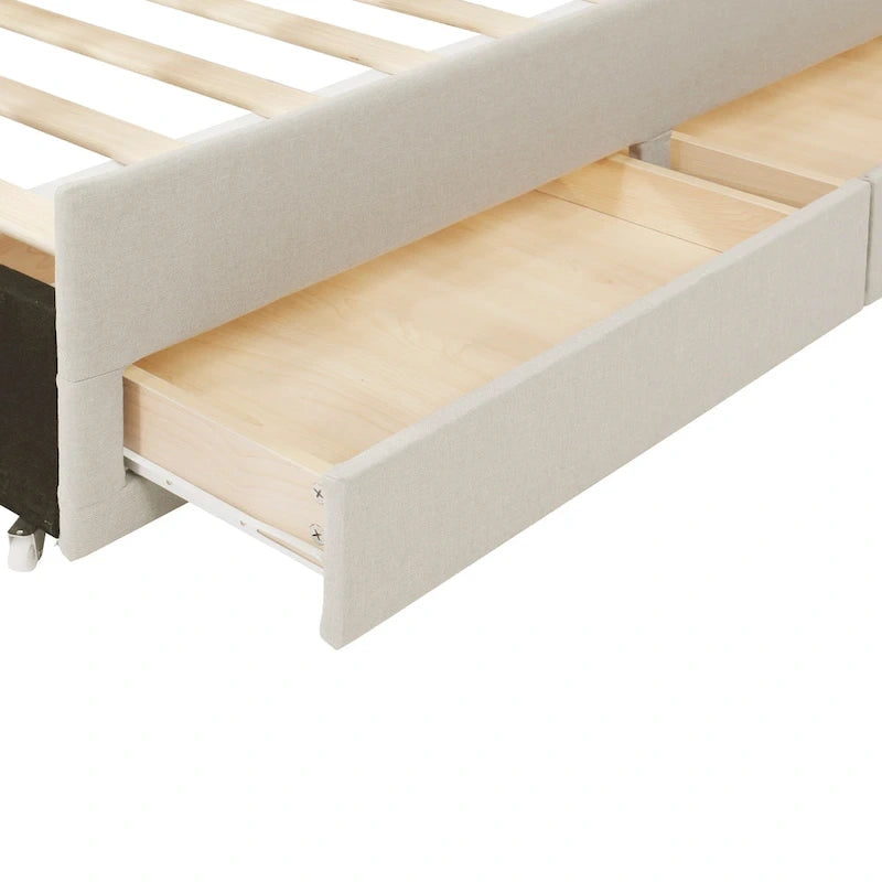 Twin Size Linen Upholstered Platform Bed Frame with Trundle and 3 Drawers