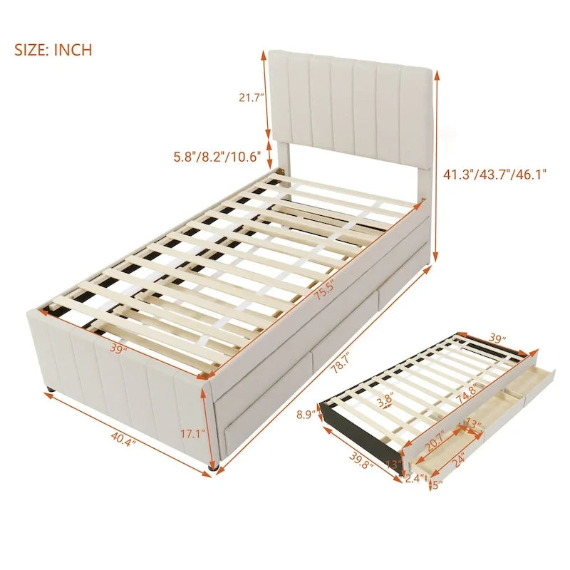 Twin Size Linen Upholstered Platform Bed Frame with Trundle and 3 Drawers