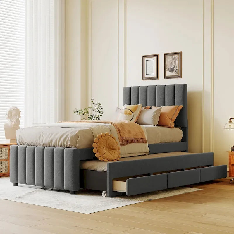 Twin Size Linen Upholstered Platform Bed Frame with Trundle and 3 Drawers