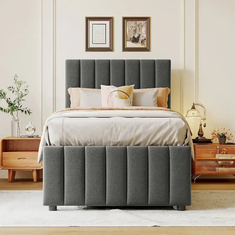 Twin Size Linen Upholstered Platform Bed Frame with Trundle and 3 Drawers