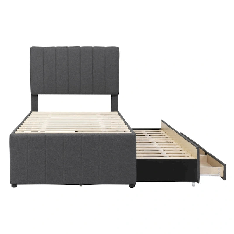 Twin Size Linen Upholstered Platform Bed Frame with Trundle and 3 Drawers