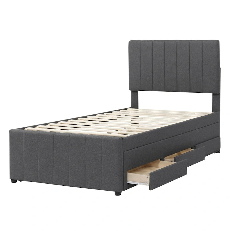 Twin Size Linen Upholstered Platform Bed Frame with Trundle and 3 Drawers