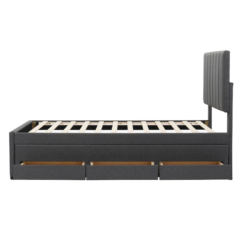 Twin Size Linen Upholstered Platform Bed Frame with Trundle and 3 Drawers