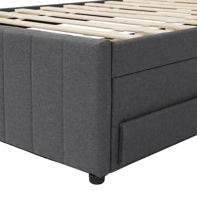 Twin Size Linen Upholstered Platform Bed Frame with Trundle and 3 Drawers