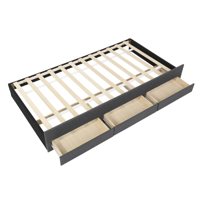 Twin Size Linen Upholstered Platform Bed Frame with Trundle and 3 Drawers