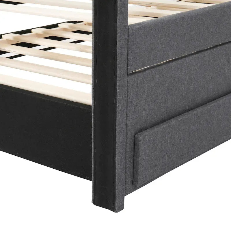 Twin Size Linen Upholstered Platform Bed Frame with Trundle and 3 Drawers