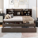 Full Pine Captain Bed with Shelves, Drawers & Trundle