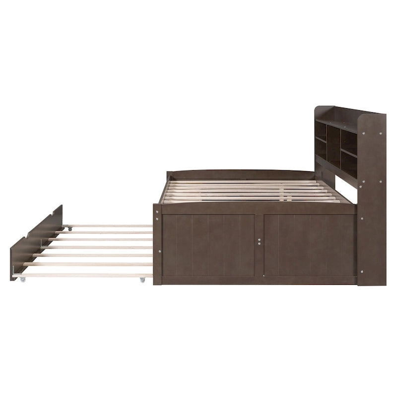 Full Pine Captain Bed with Shelves, Drawers & Trundle