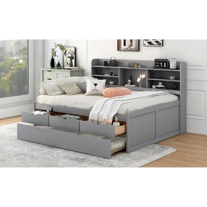 Full Pine Captain Bed with Shelves, Drawers & Trundle